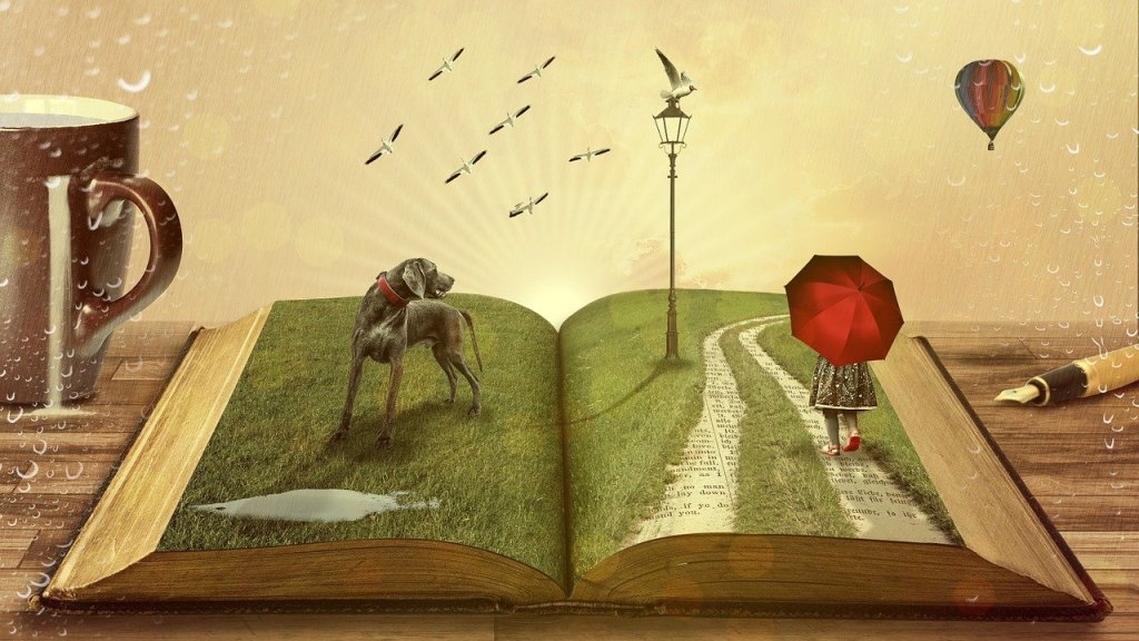 open pop up book, inside is a little girl with an umbrella and dog